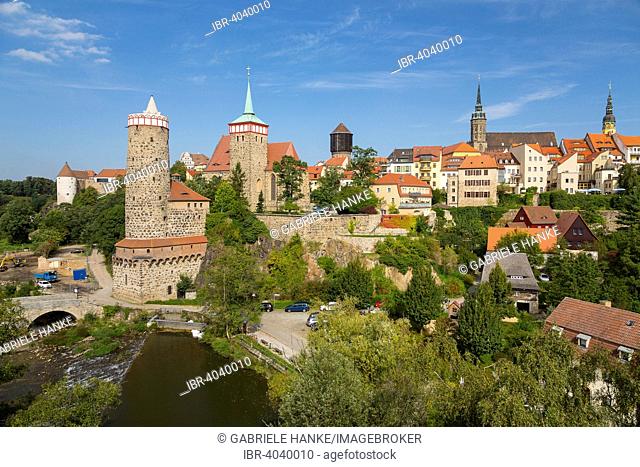 Cityscape of Bautzen on the Spree river, with the castle's water tower, the Old Waterworks, Ortenburg Castle, St Michael's Church, Water Tower
