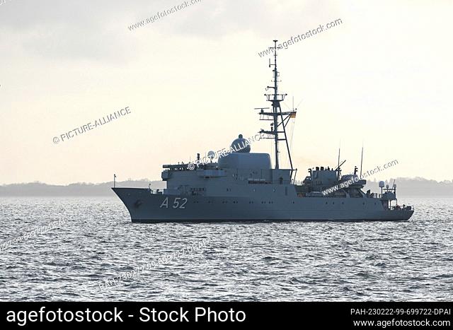 21 February 2023, Schleswig-Holstein, Eckernförde: The German Navy's fleet service boat ""A 52 - Oste"" is seen during a media briefing on a maneuver in...