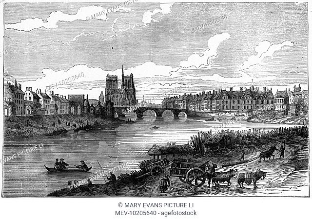 The Seine viewed from the east, with Notre-Dame on the skyline. Note the piles driven into the water's edge to restrain the river