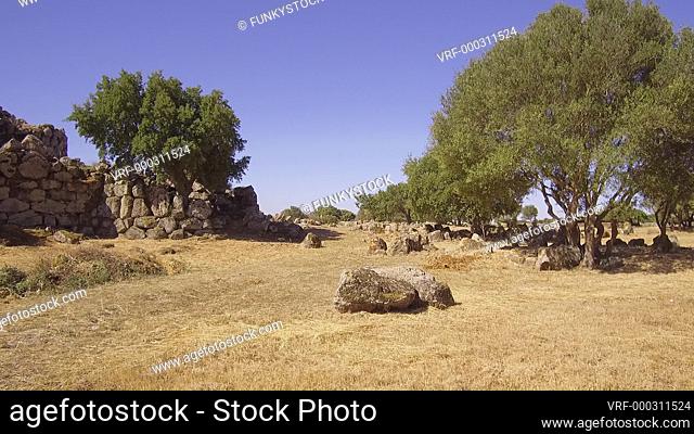 Nuraghe Arrubiu ( Red Nuraghe) Orroli, Southern Sardinia : pan to see prehistoric magalith Bronze age stone tower ruins