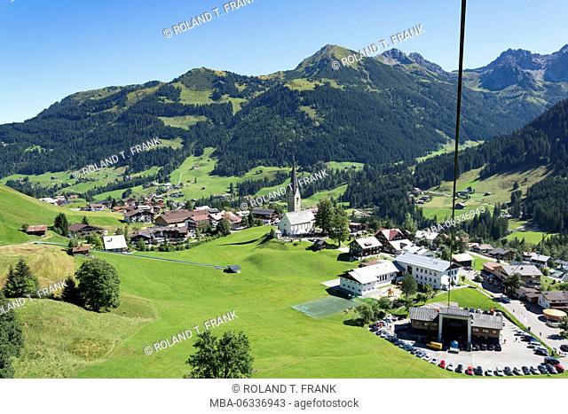 Austria, Kleinwalsertal (little Walser valley), view from the Walmendingerhornbahn (mountain cableway) to Mittelberg (municipality)