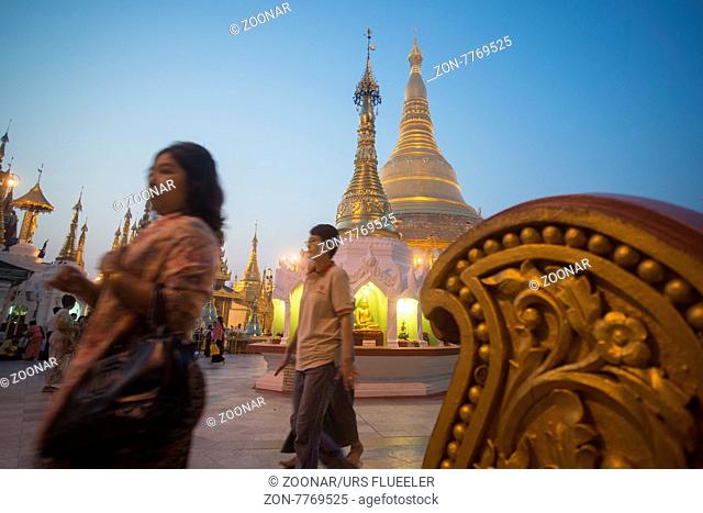 the architecture in the Shwedagon Paya Pagoda in the City of Yangon in Myanmar in Southeastasia