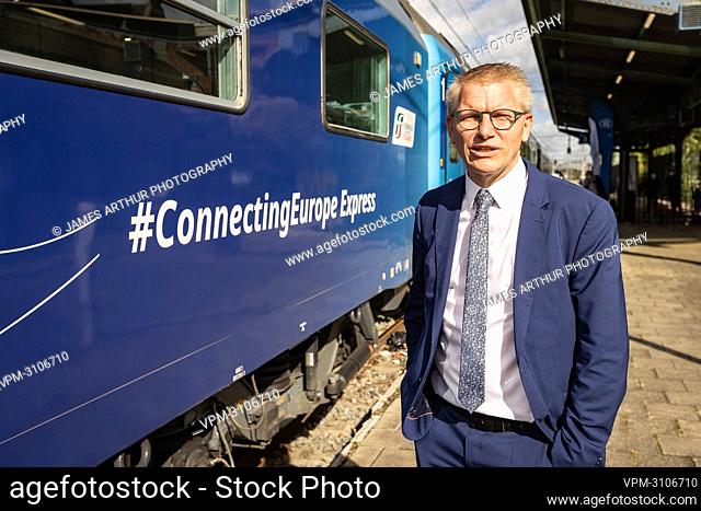 Vice-prime minister and Mobility Minister Georges Gilkinet poses for the photographer as the 'Connecting Europe Express' train arrives at the Train World museum...