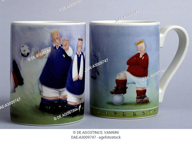Sports mugs, football, Rob Scotton series, ceramic, Portmeirion Potteries manufacture, Stoke-on-Trent, England, 20th century