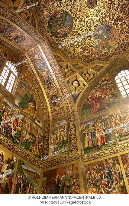 Iran - Isfahan (Esfahan), capital of the province of the same name. Fresco-decorated walls and ceiling vault of the Armenian Apostolic Vank Cathedral in the...