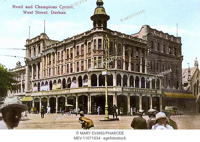 West Street, Durban, Natal Province, South Africa, showing Reed & Champion's Corner (chemist and druggist), Kenilworth Building