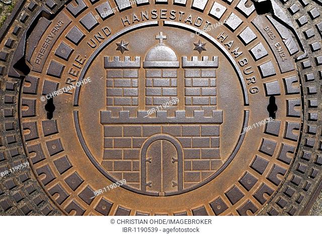 Manhole cover with Hamburg's coat of arms, Hamburg, Germany, Europe
