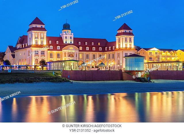 View over the Baltic Sea at night to the Kurhaus Binz. The Kurhaus Binz was opened on July 22, 1890. Today it is a luxury hotel on the Baltic Sea