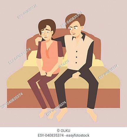 the husband consoles the crying wife - cute cartoon vector illustration  about sympathy in family..., Stock Vector, Vector And Low Budget Royalty  Free Image. Pic. ESY-040835374 | agefotostock