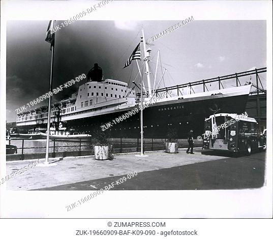 Sep. 09, 1966 - 30, 000 ton German liner Hanseatic in five alarm fire at New York Hudson River Pier: Leaking diesel fuel caused fire injuring 7 firemen and...