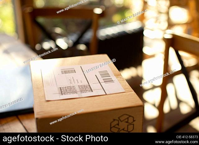 Close up shipping label on box