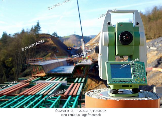 Topography station, Surveying, Construction of viaduct, Works of the new railway platform in the Basque Country, High-speed train  'Basque Y'  Legorreta
