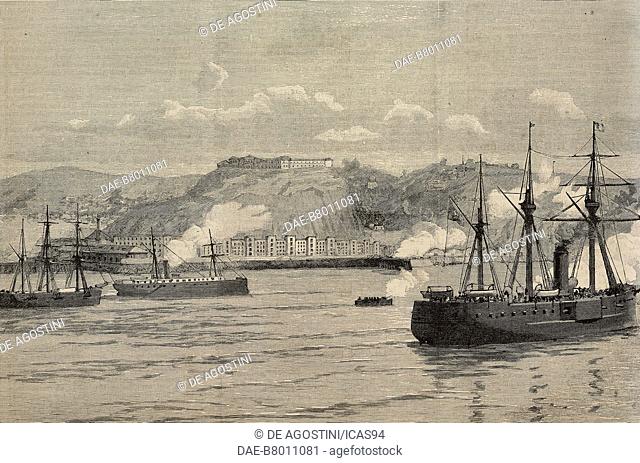 Exchange of shots between shore batteries and Chilean ironclad Blanco Encalada, Valparaiso, civil war in Chile, engraving from The Illustrated London News