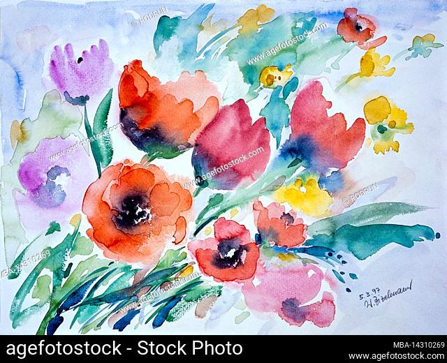 Watercolor by Waltraud Zizelmann, Colorful spring bouquet