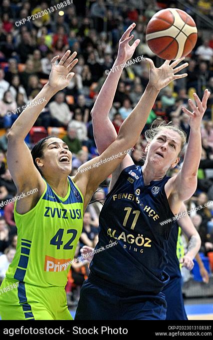 L-R Brionna Jones (USK) and Emma Meesseman (Fenerbahce) in action during the 12th round match of the A group of the European Women's Basketball league (EWBL)
