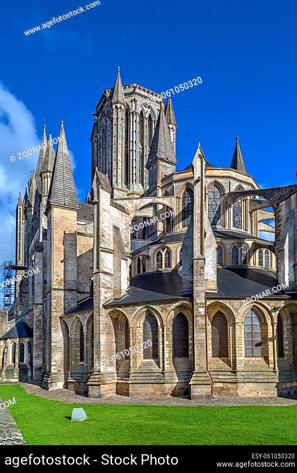 Coutances Cathedral is a Gothic Roman Catholic cathedral constructed from 1210 to 1274 in the town of Coutances, Normandy, France. View from aose