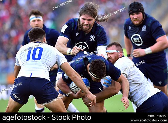 Scotland player Hamish Watson and Italy player Tommaso Allan during the match Italy- Scotland in the olimpic stadium. Rome (Italy), February 22nd, 2020