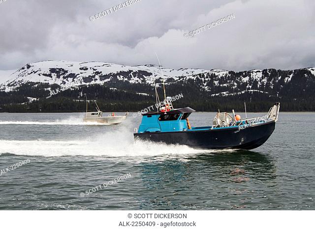 A Blue Bowpicker Built By Freddy's Marine Cruises On Step As It Heads For The Copper River Flats Salmon Fishing Grounds; Cordova Alaska United States Of America