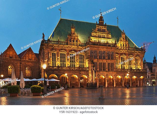 View over the marketplace of Bremen to the town hall The Bremen Town Hall is one of the most important monuments of the Gothic and the Weser Renaissance in...