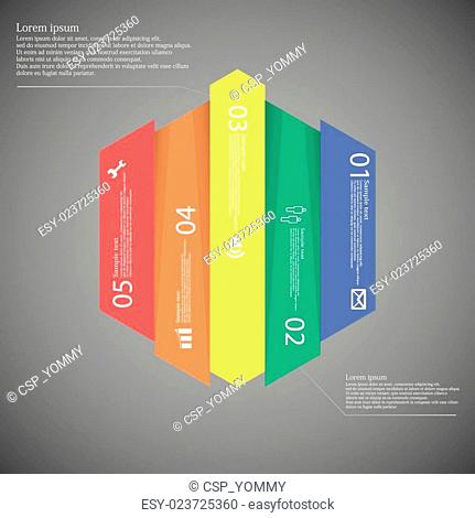 Hexagonal infographic template vertically divided to five colorful parts