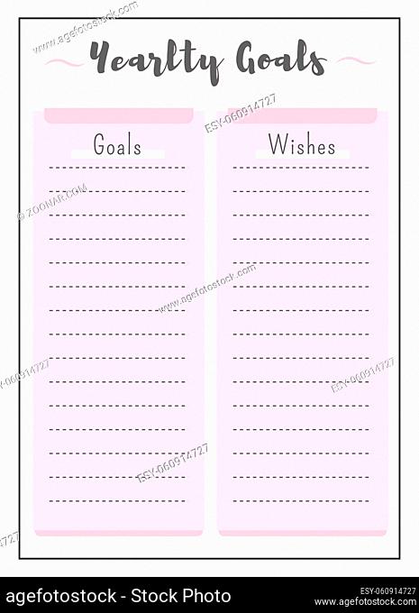 Yearly goals and wishes pink creative planner page design. Timetable to plan task. New year resolution list bullet journal color sheet