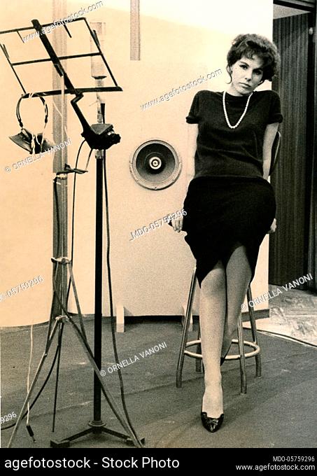 Italian singer and actress Ornella Vanoni in a recording studio. Italy, 1960s