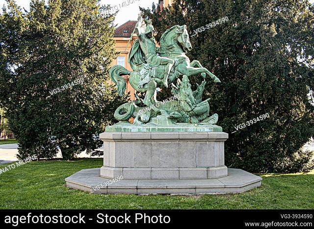 Zagreb, Croatia, Republika Hrvatska, Europe. Statue of St. George Killing the Dragon by Anton Dominik Fernkorn, located in the southwest corner of Republic of...