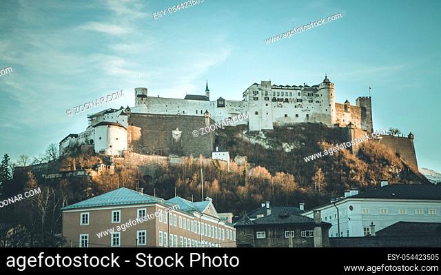 Salzburg in autumn: Fortress Hohensalzburg and blue, cloudy sky