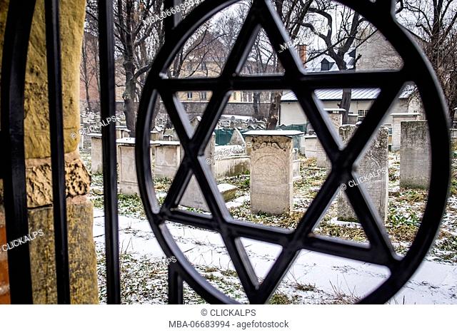 Krakow, Poland, North East Europe. Star of David symbol on the fence of the old Jewish cemetery
