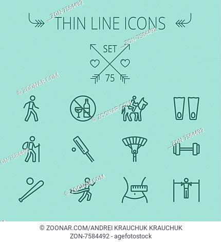 Sports thin line icon set for web and mobile. Set includes- walking exercise, hiking, baseball bat and ball, cricket game, skydiving, flippers icons