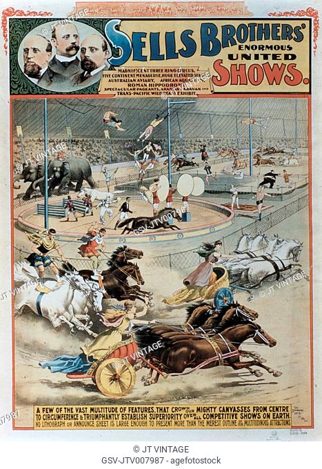 Sells Brothers' Enormous United Shows, Roman Chariot Race, Circus Poster, circa 1887
