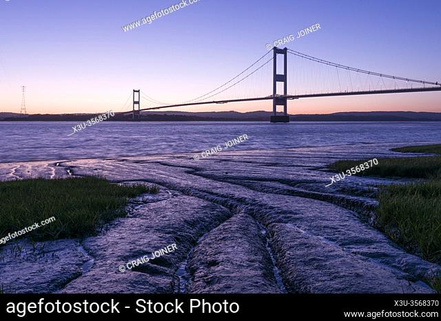 The Severn Bridge across the River Severn between England and Wales at Aust, Gloucestershire, England