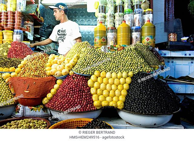 Morocco, Meknes Tafilalet Region, Meknes, Imperial City, medina listed as World Heritage by UNESCO, El Hedime covered market, olives stalls