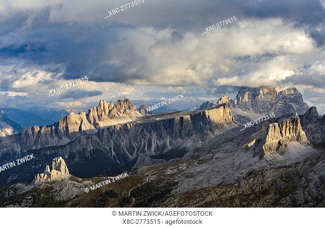 The dolomites in the Veneto. Monte Pelmo, Croda da Lago, Averau, Nuvolau and Ra Gusela in the background. The Dolomites are listed as UNESCO World heritage