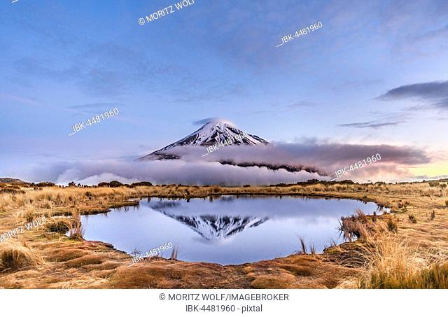 Reflection in Pouakai Tarn lake, clouds around stratovolcano Mount Taranaki or Mount Egmont at sunset, Egmont National Park, Taranaki, New Zealand