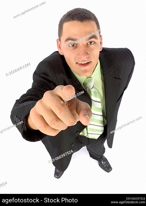 isolated on white headshot of businessman pointing by finger