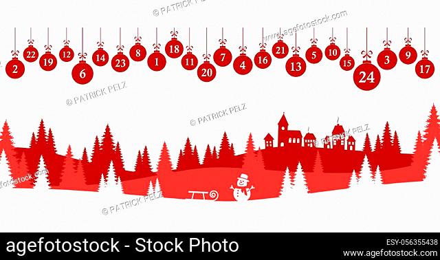 hanging christmas gifts colored red with numbers 1 to 24 showing advent calendar for xmas and winter time concepts with colored fir tree panorama background