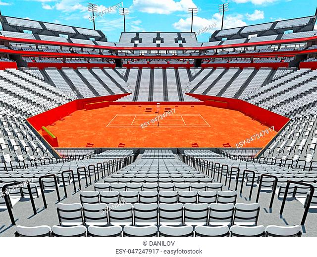 3D render of beutiful modern tennis clay court stadium with white chairs for fifteen thousand fans