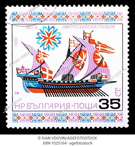 Maltian galley 17 century, postage stamp, Bulgaria, 1980