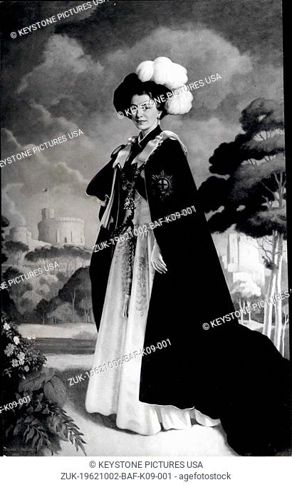 Oct. 02, 1962 - The new portrait of the Queen by Edward Halliday, R.A. She wears her Garter robes and plumed has as she stands majestically in the sitting of...