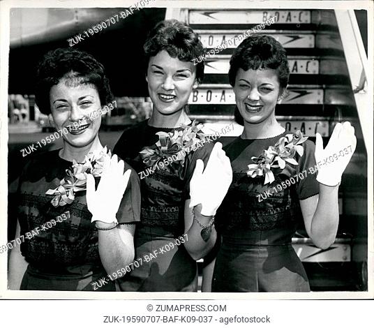 Jul. 07, 1959 - The Poni tails arrive. The American teenage close harmony singing trio The Poni Tails (Toni Cistone , Laverne Novak and Pattie McCabe