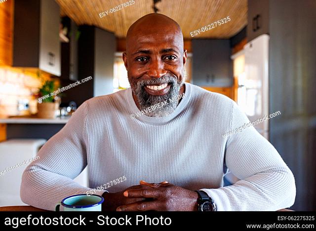 Happy african american man making video call smiling to camera in log cabin