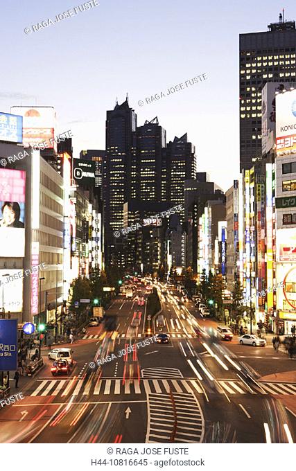 Japan, Asia, Tokyo, Tokyo, Shinjuku district, Koshukaido avenue, at night, night, street, neon lights, blocks of flats