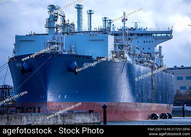 14 January 2023, Mecklenburg-Western Pomerania, Lubmin: The processing vessel ""Neptune"" is moored in the industrial port at the LNG terminal