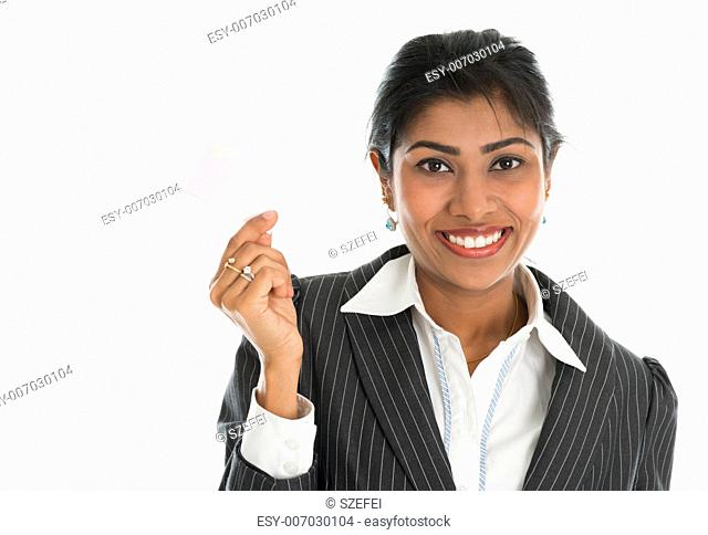Indian businesswoman shows a blank name card for marketing, Asian woman smiling happy isolated on white