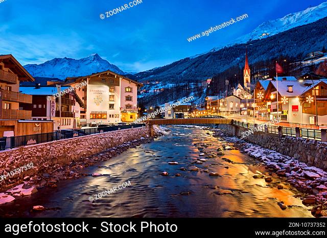 SOLDEN, AUSTRIA - 10 JANUARY 2016: Solden Ski Resort Skyline in the Morning, Tirol, Austria. Solden is a popular ski resort and regularly hosts the first World...