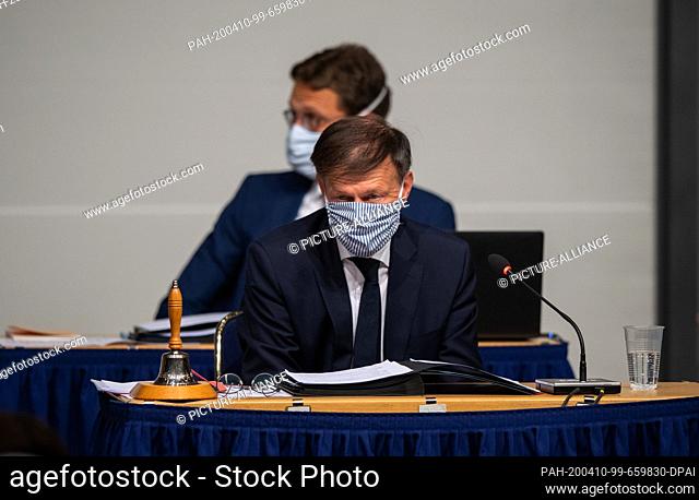 09 April 2020, Saxony, Dresden: Matthias Rößler (CDU), President of the State Parliament, is sitting in his seat during a special session of the Saxon State...