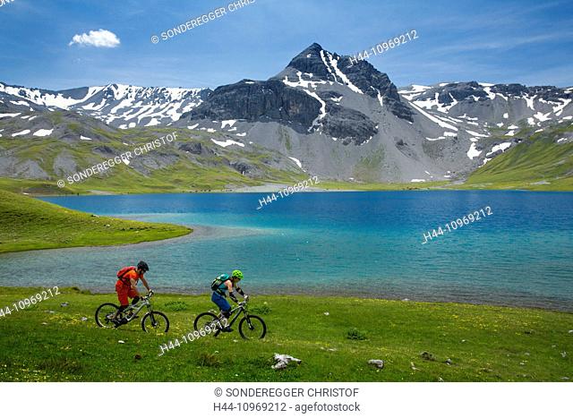 Münster valley, GR, mountain biker, Lai da Rims, Piz dal Lai, mountain, mountains, mountain lake, mountain bike, bike, bicycle, bicycles, bike, riding a bicycle