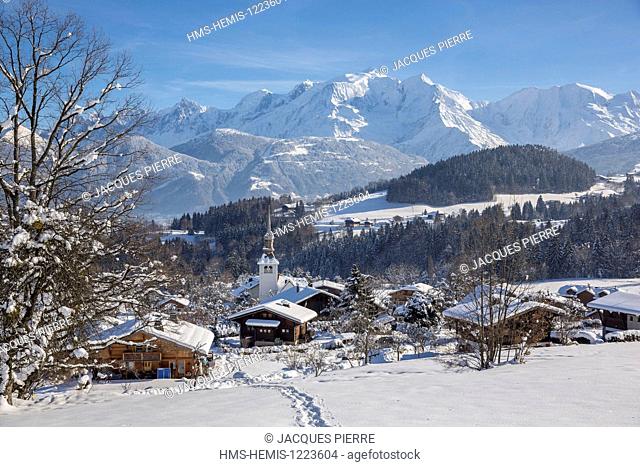France, Haute Savoie, Cordon, Notre Dame de l'Assomption Church, view on the Mont Blanc (4810m) and the massif