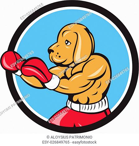 Illustration of a dog boxer in a fighting stance viewed from the side set inside circle on isolated background done in cartoon style